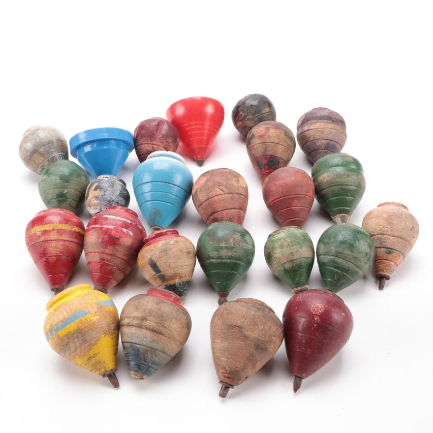 Wooden and Plastic Spinning Top Collection, Vintage