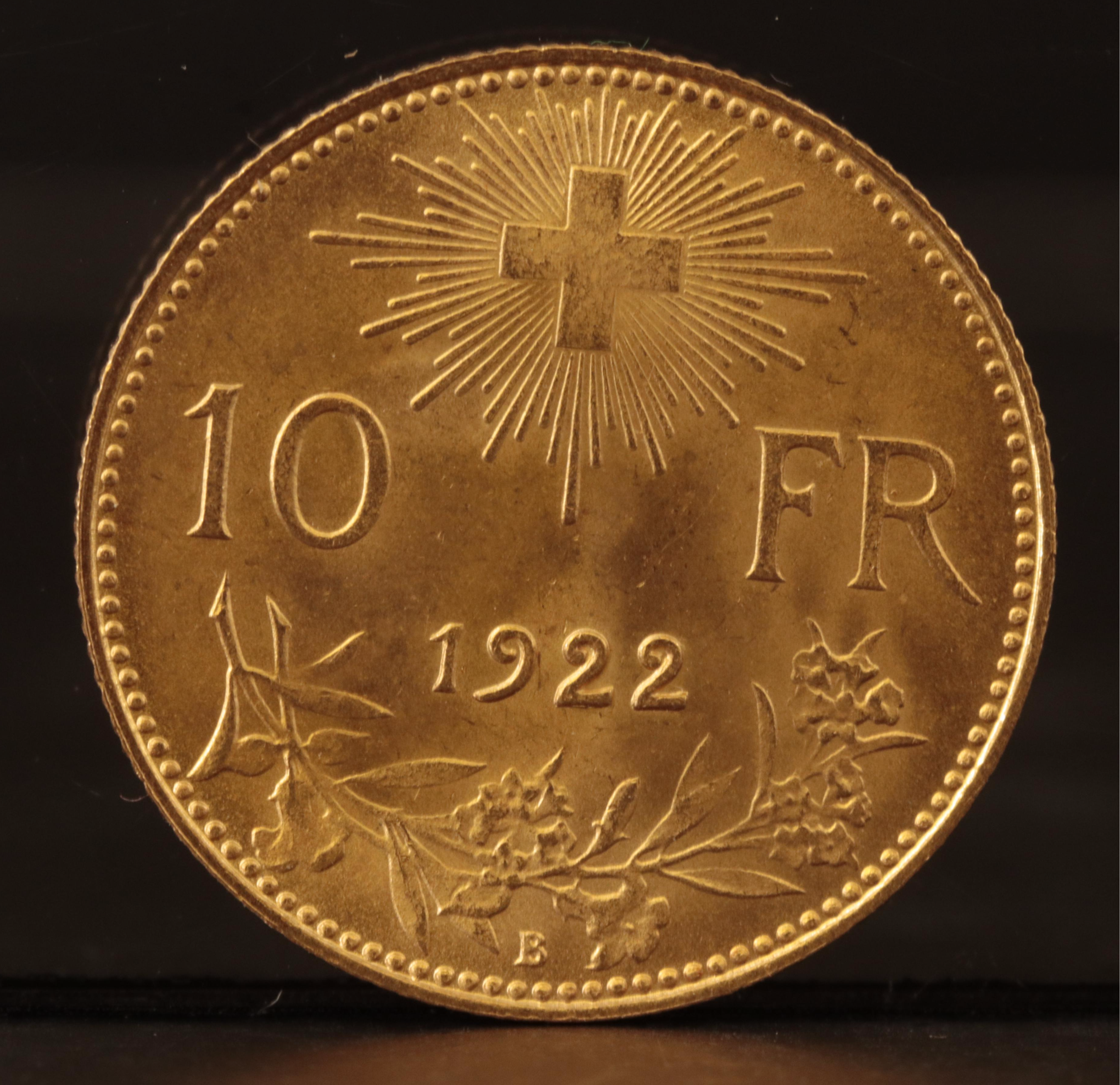 1922 B Swiss Ten Francs Gold Coin