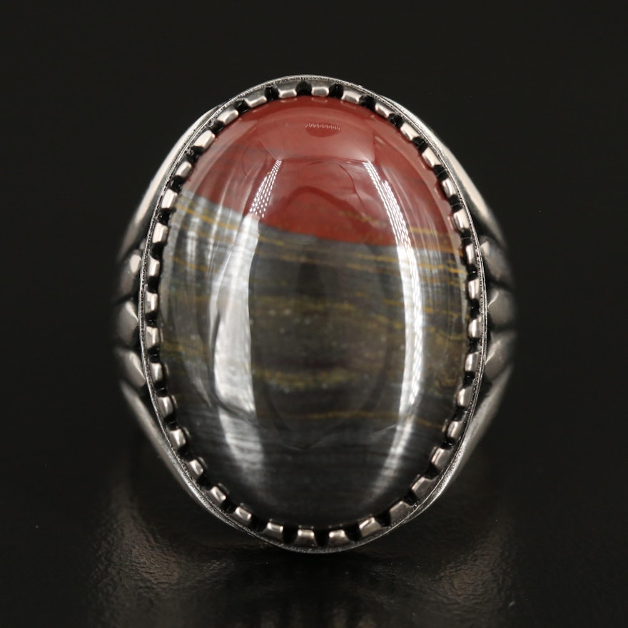 Sterling Jasper Ring with Fluted Shoulder Detail