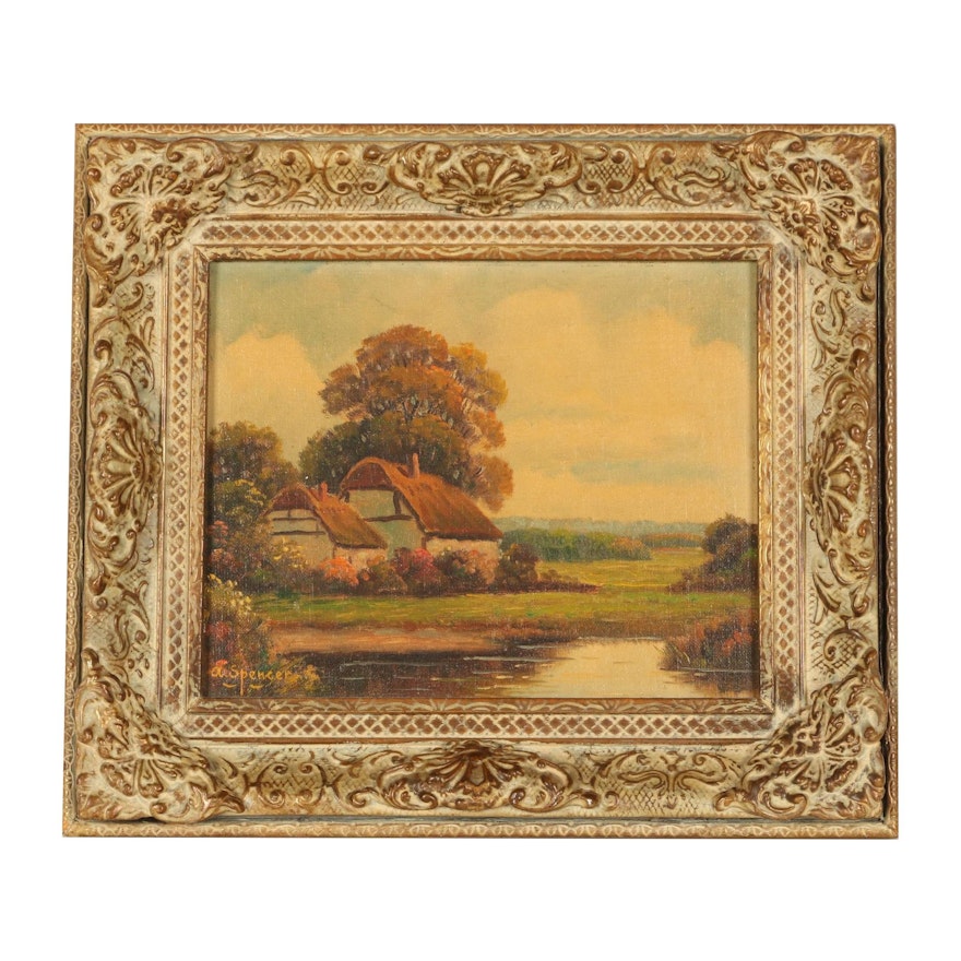 Augustus Spencer Landscape Oil Painting of Cottage Near River