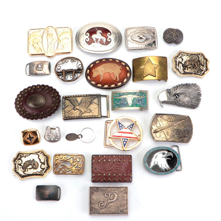 Belt Buckles in Sterling Silver, Metal, Leather, and Inlaid Chip Mosaic Stone
