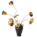 Mid Century Modern Oversized Brass Lotus Bouquet in Black Handled Vase