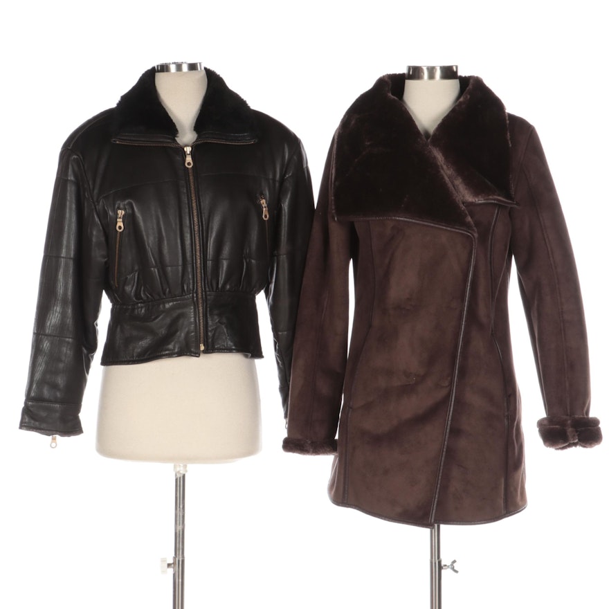 Andrew Marc Black Leather Jacket and BGSD Brown Faux Shearling Coat