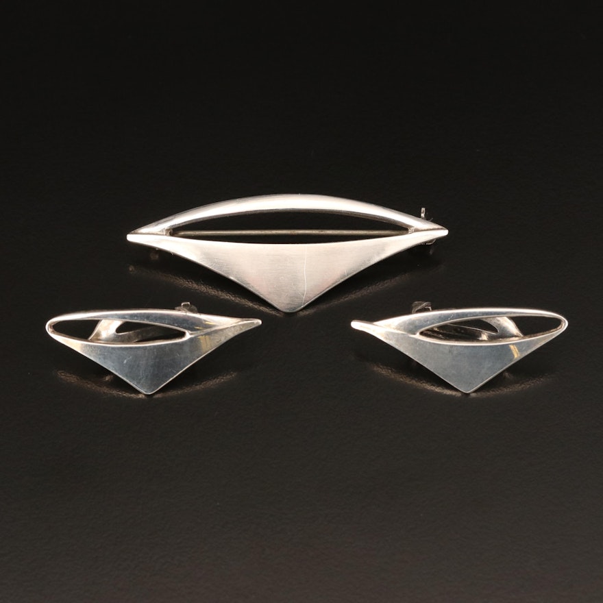 1960s Poul Warmind Danish Modernist Sterling Brooch and Clip Earring Set