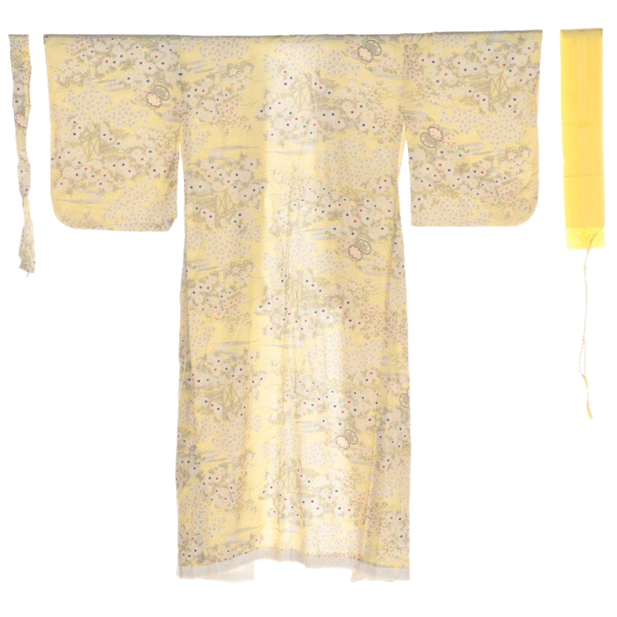 Floral Taiko and Water Streams Patterned Kimono with Hanhaba Obi