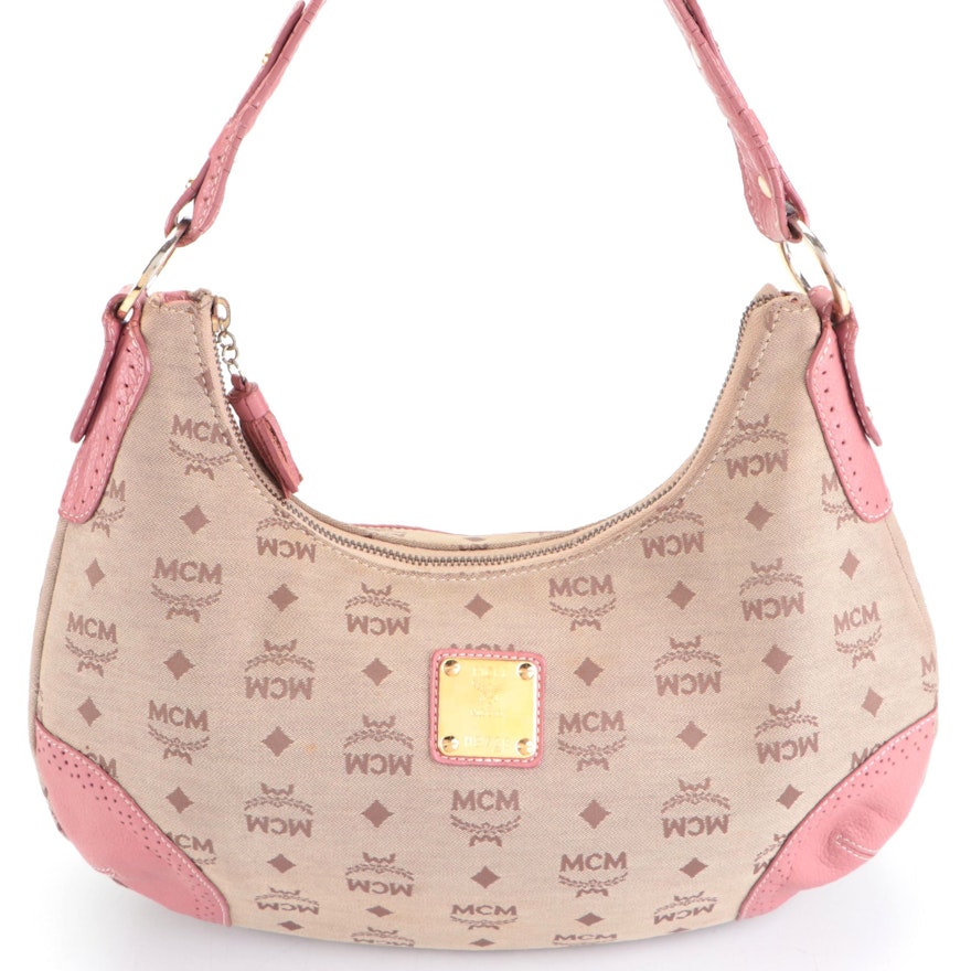 MCM Monogram Canvas and Pink Perforated Leather Hobo Bag