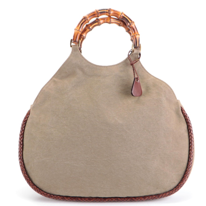 Gucci Bamboo Canvas Hobo Bag with Braided Leather Trim