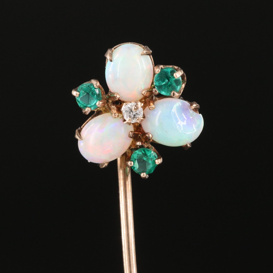 Antique 10K Opal and Diamond Stick Pin