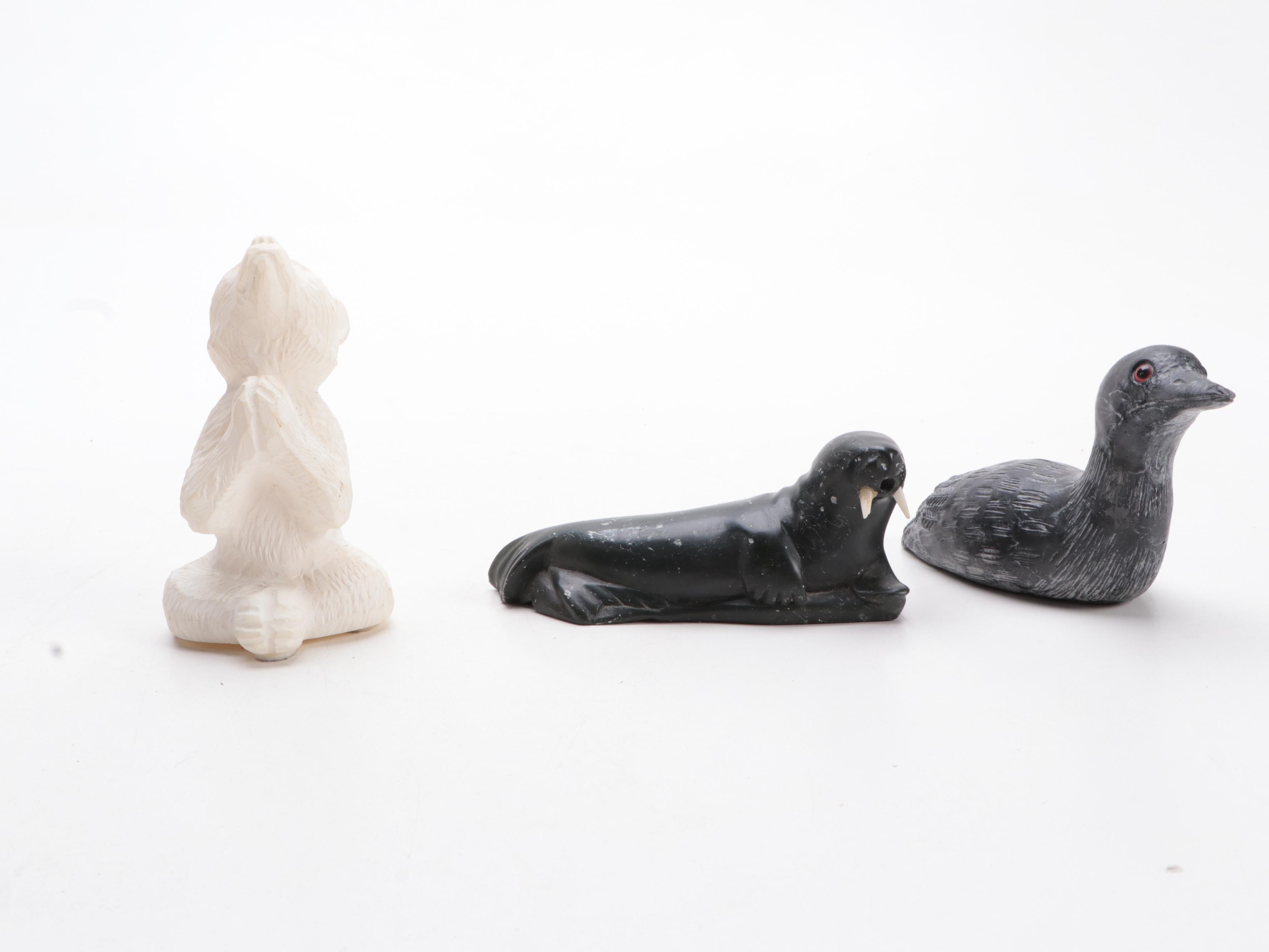 Inuit Carved Soapstone Animals with Other Carved Stone Figurines