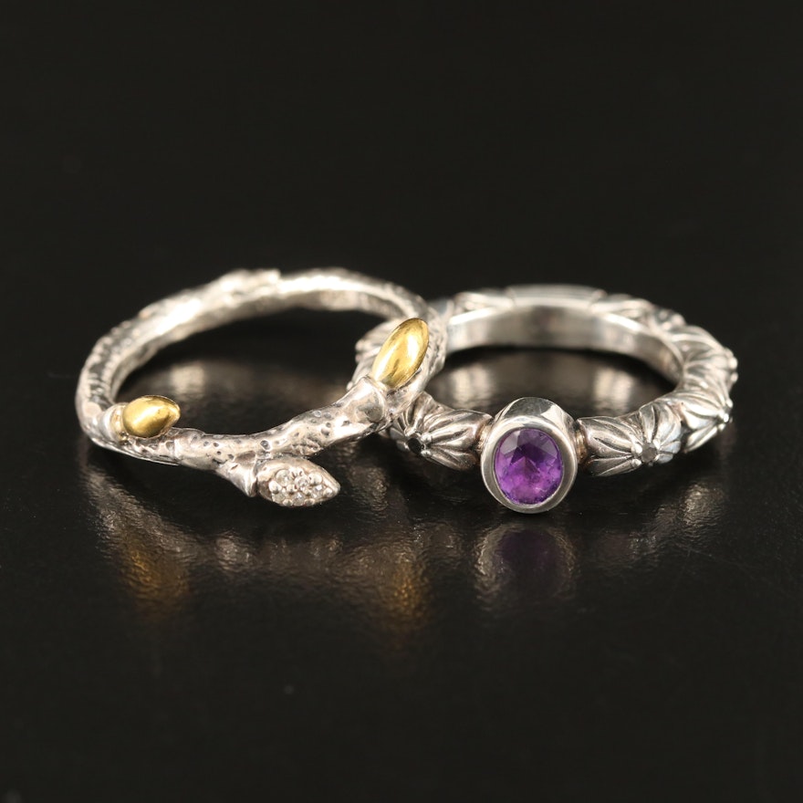 Stephen Dweck Sterling Bezel and Foliate Rings with Amethyst and Diamond