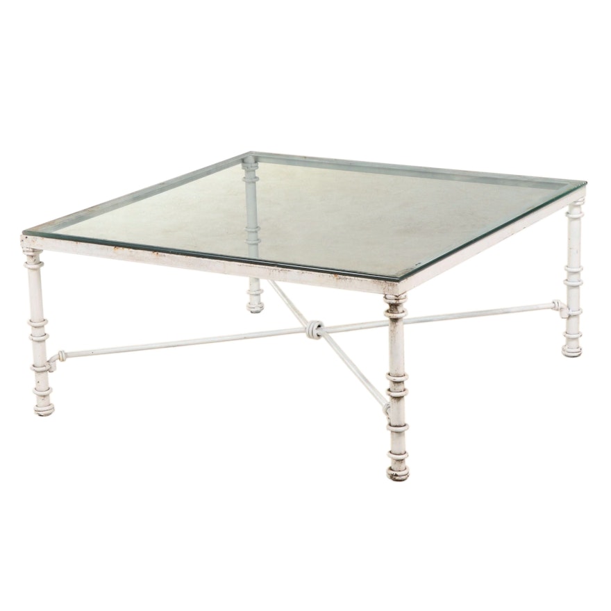 Glass and White Iron Wrought Square Coffee Table