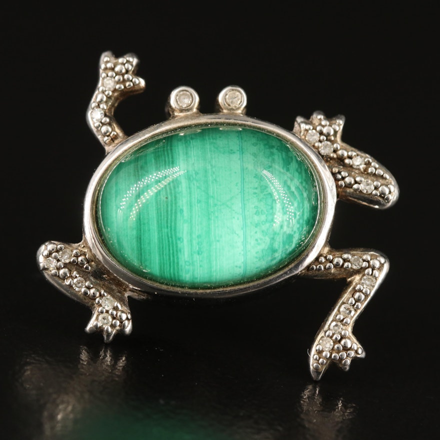 Sterling Frog Brooch with Malachite Quartz Doublet and Diamond