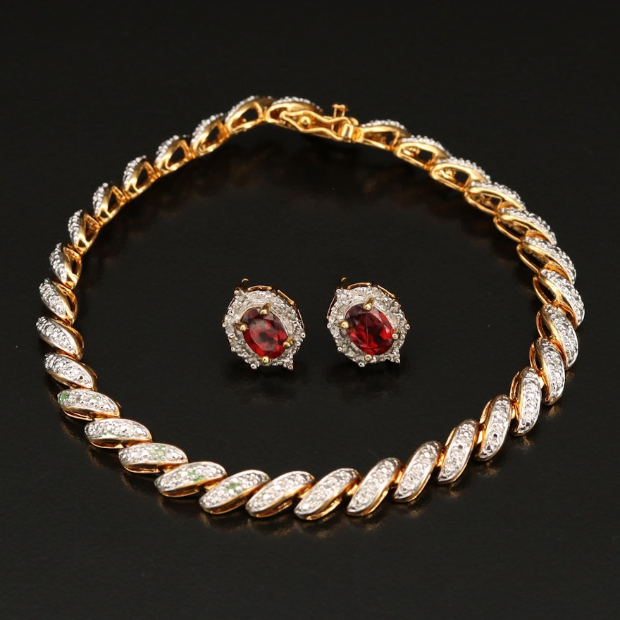 Sterling San Marco Bracelet and Earrings with Garnet and Diamond
