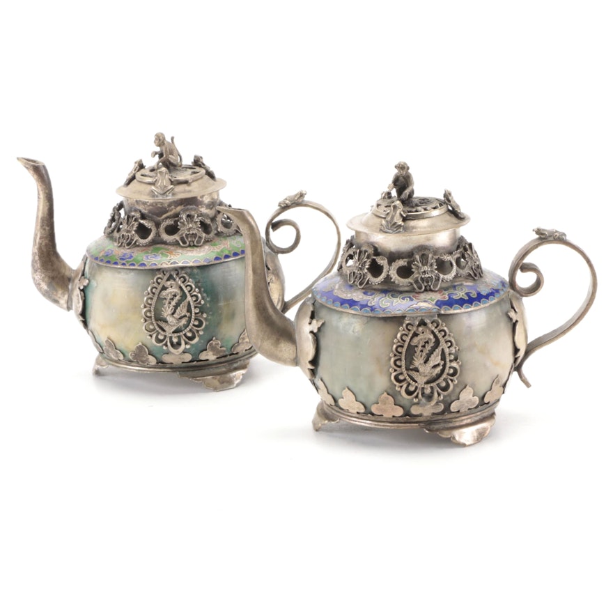 Pair of Chinese Tibetan Silver Mounted and Cloisonné Decorative Teapots