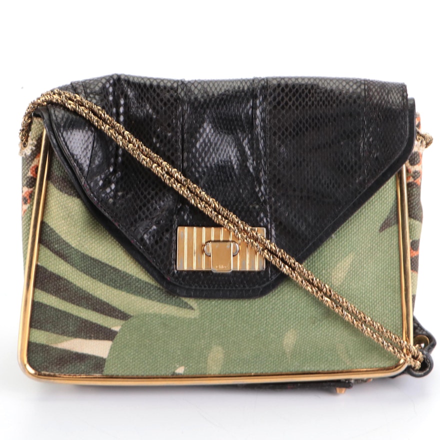 Chloé Sally Flap Shoulder Bag in Black Snakeskin, Leather, and Printed Canvas