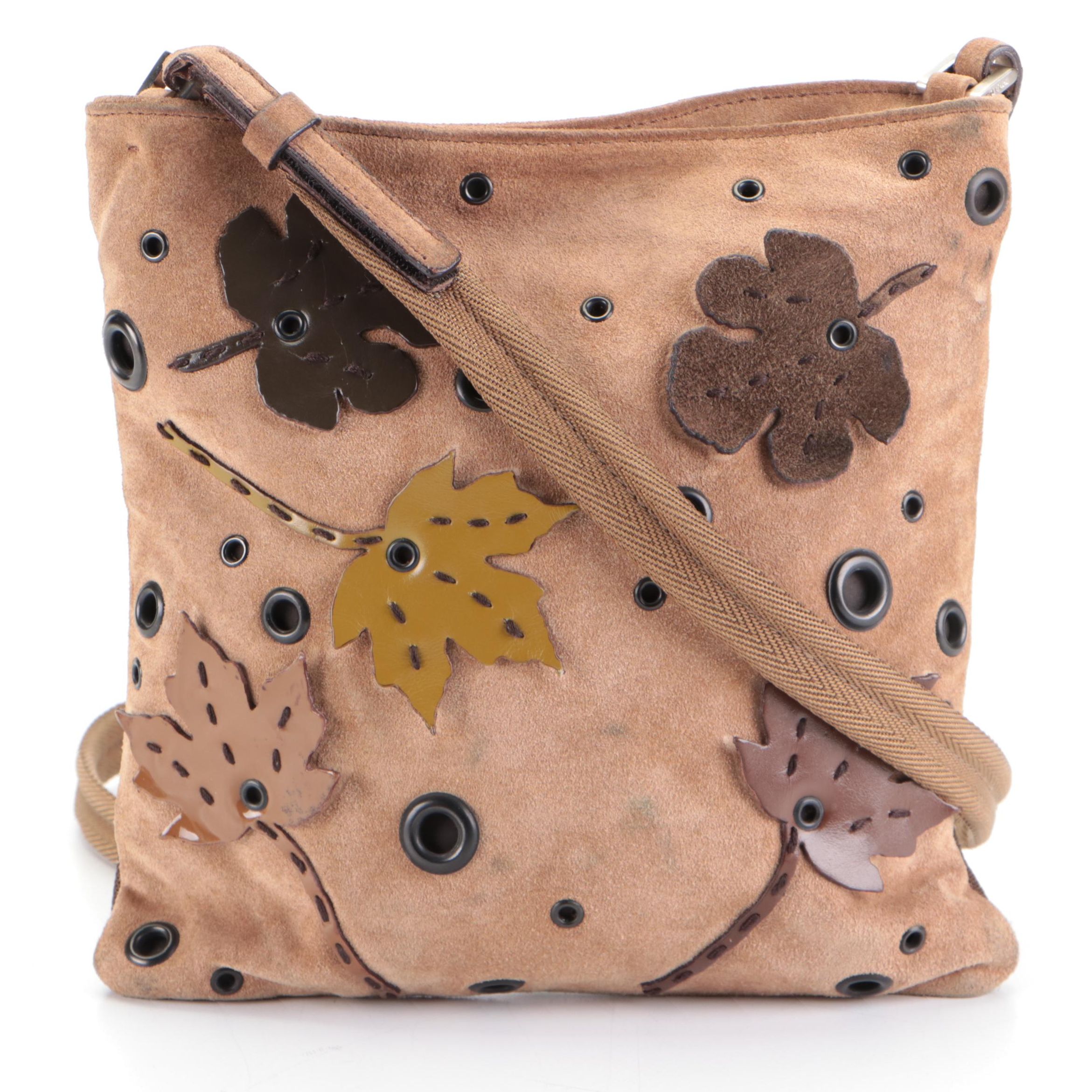 Prada Flat Shoulder Bag in Light Brown Suede with Grommets and Leaf Appliqués