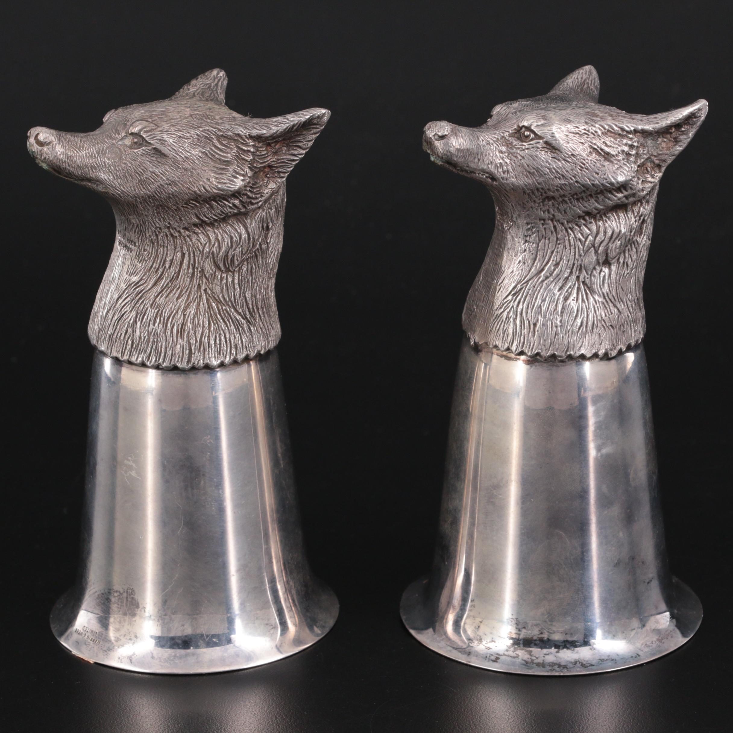 Mappin & Webb Silver Plate Fox Head Stirrup Cups, Mid-20th Century