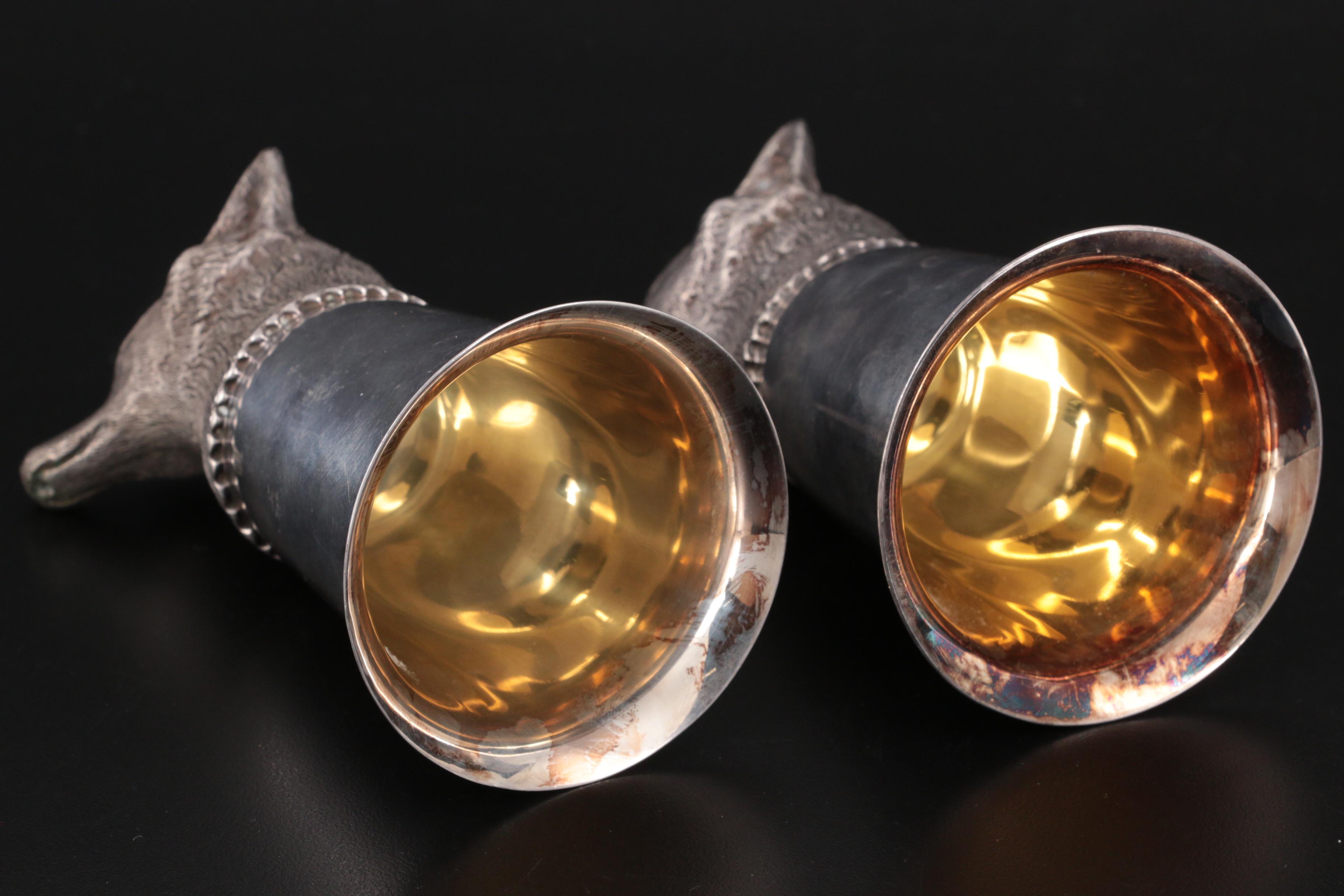 Mappin & Webb Silver Plate Fox Head Stirrup Cups, Mid-20th Century