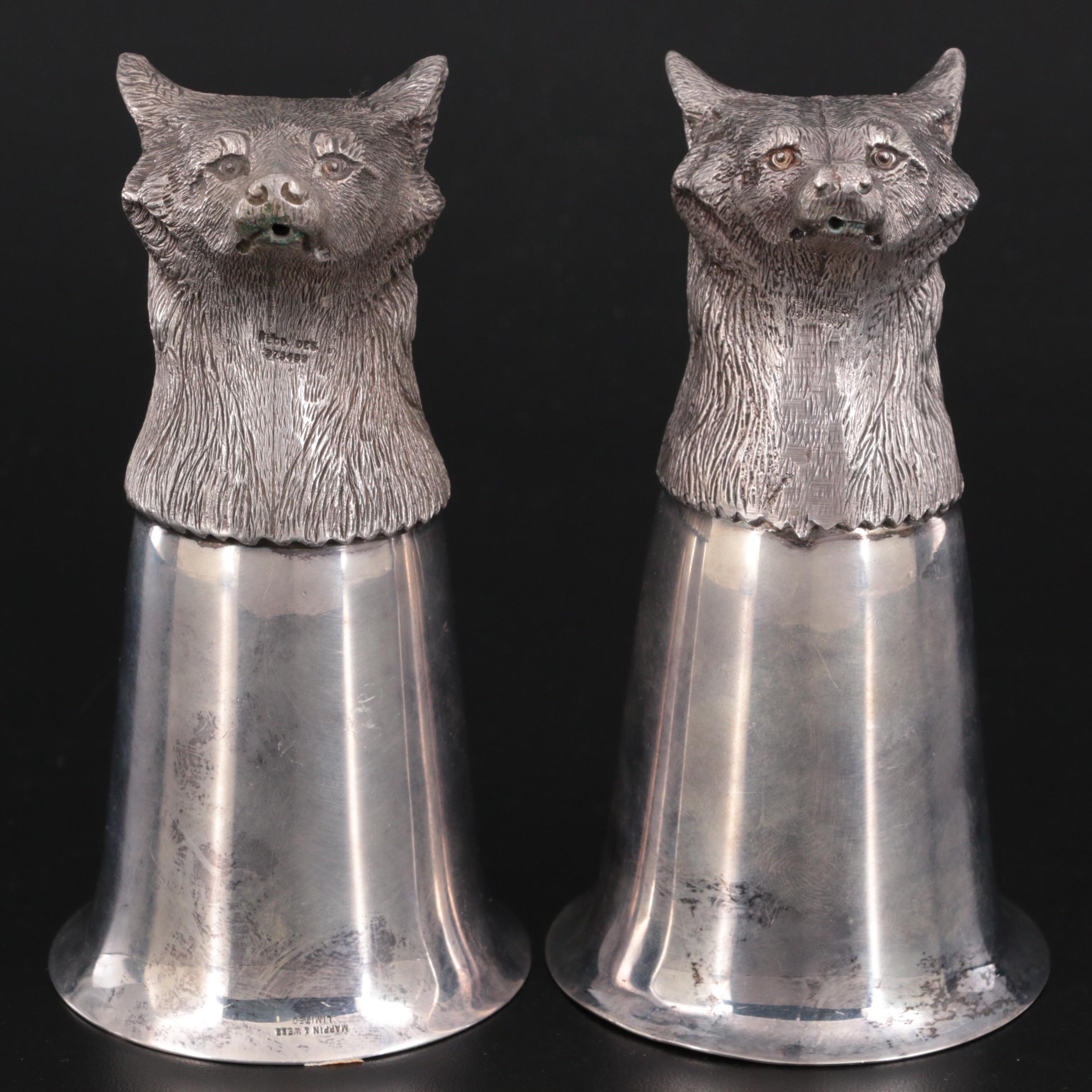 Mappin & Webb Silver Plate Fox Head Stirrup Cups, Mid-20th Century
