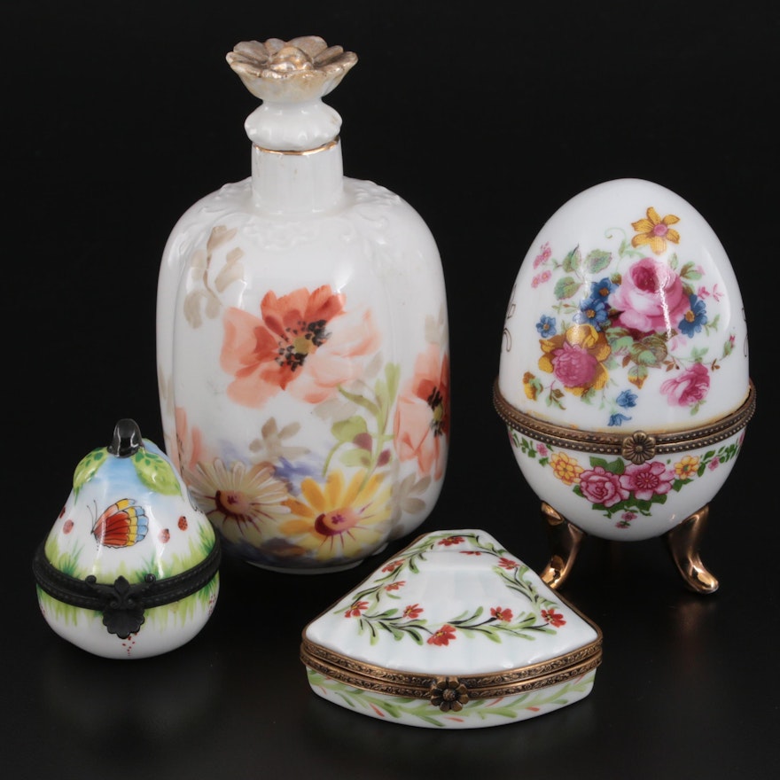 W. Guerin Limoges Porcelain Corked Bottle with Other Porcelain Trinket Boxes