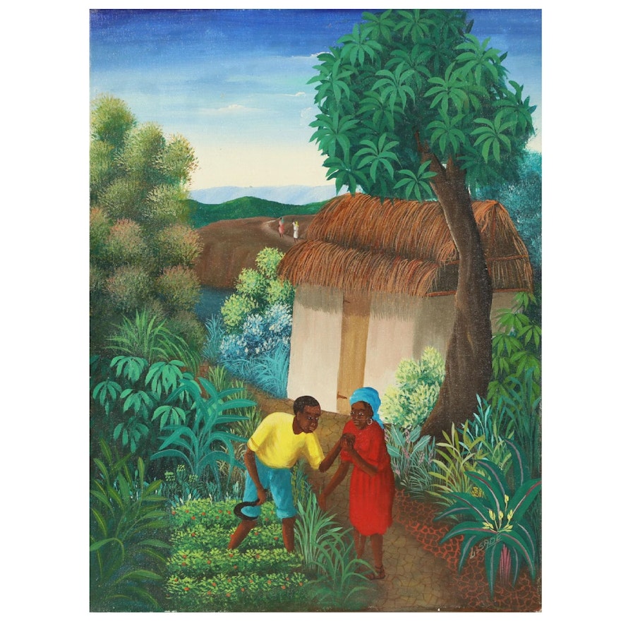 Lissade Haitian Folk Art Acrylic Painting of Couple Gathering Crops