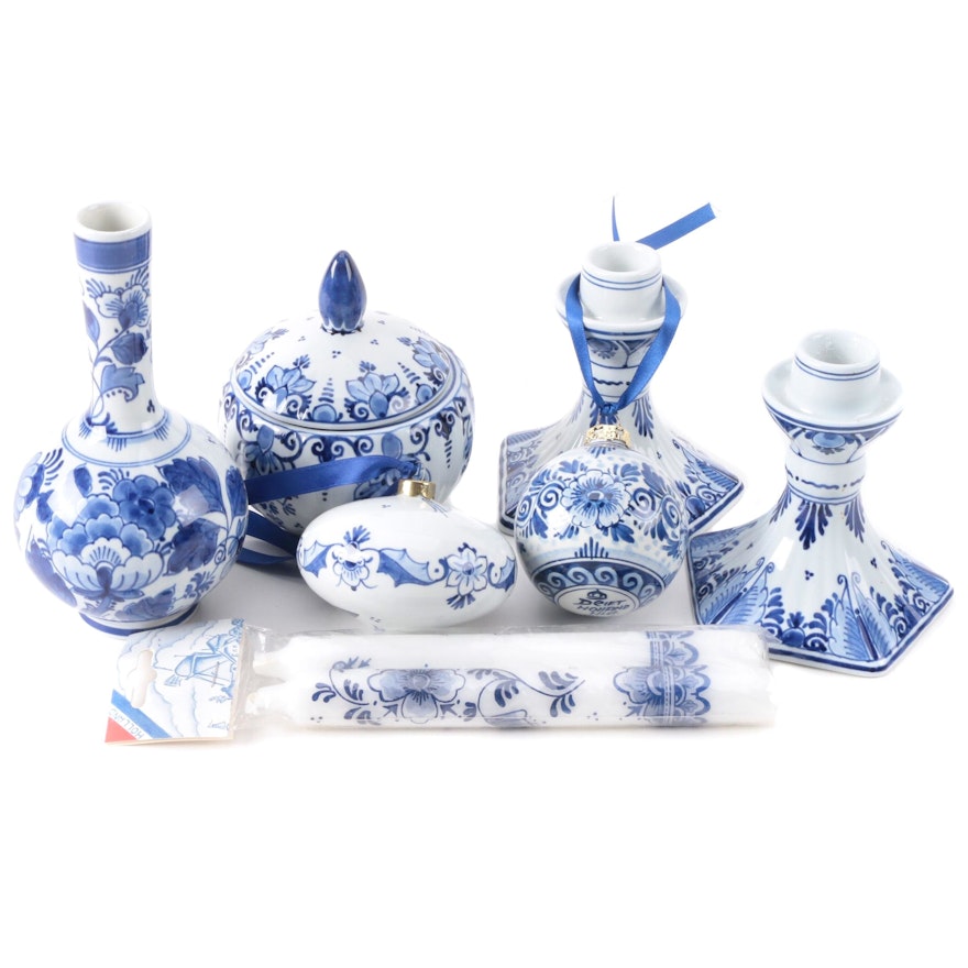 Royal Delft Porcelain Candlesticks, Vase, Ornaments, and Trinket Box
