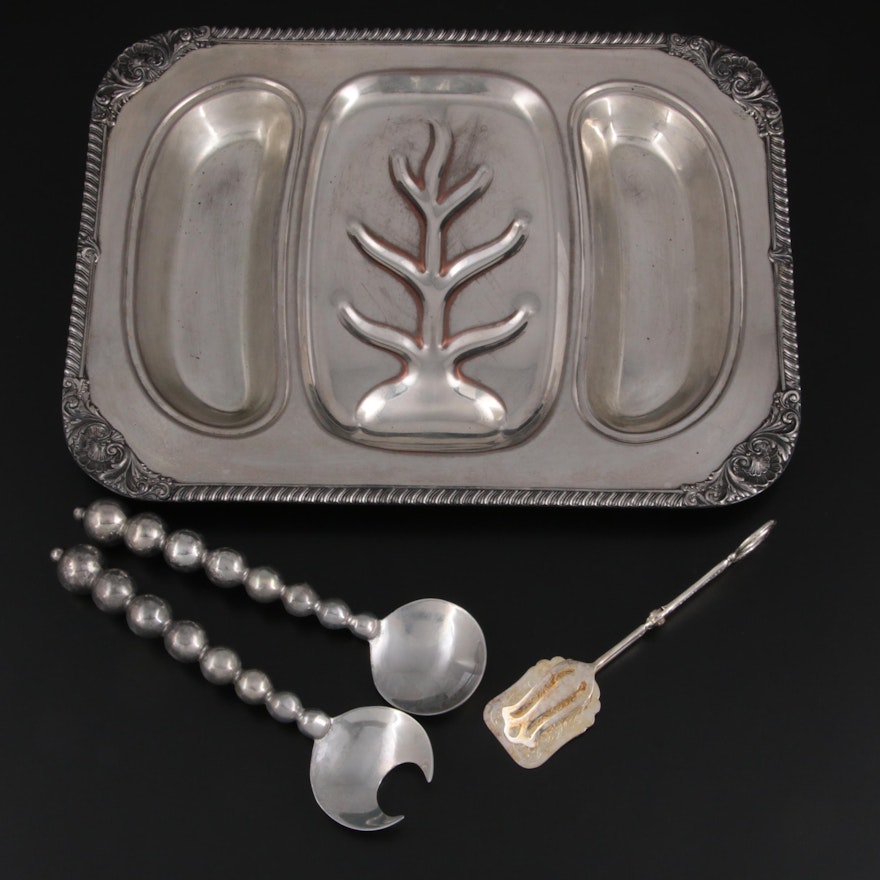 Mariposa Aluminum Serving Set with Silver Plate Meat Platter and Pastry Server