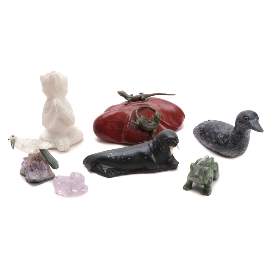 Inuit Carved Soapstone Animals with Other Carved Stone Figurines