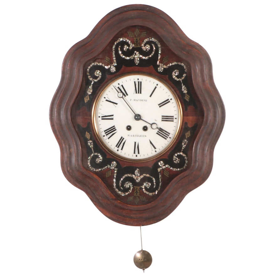 French F. Mandine Abalone Inlaid Wall Clock, Late 19th Century