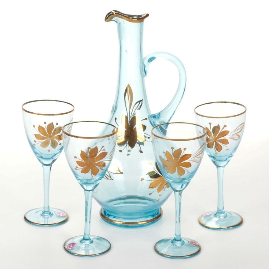 Romanian Hand-Painted Gilt Accented Blue Glass Pitcher and Glasses