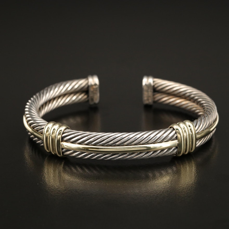 Vintage David Yurman Sterling Double Cable Cuff with 14K Accents
