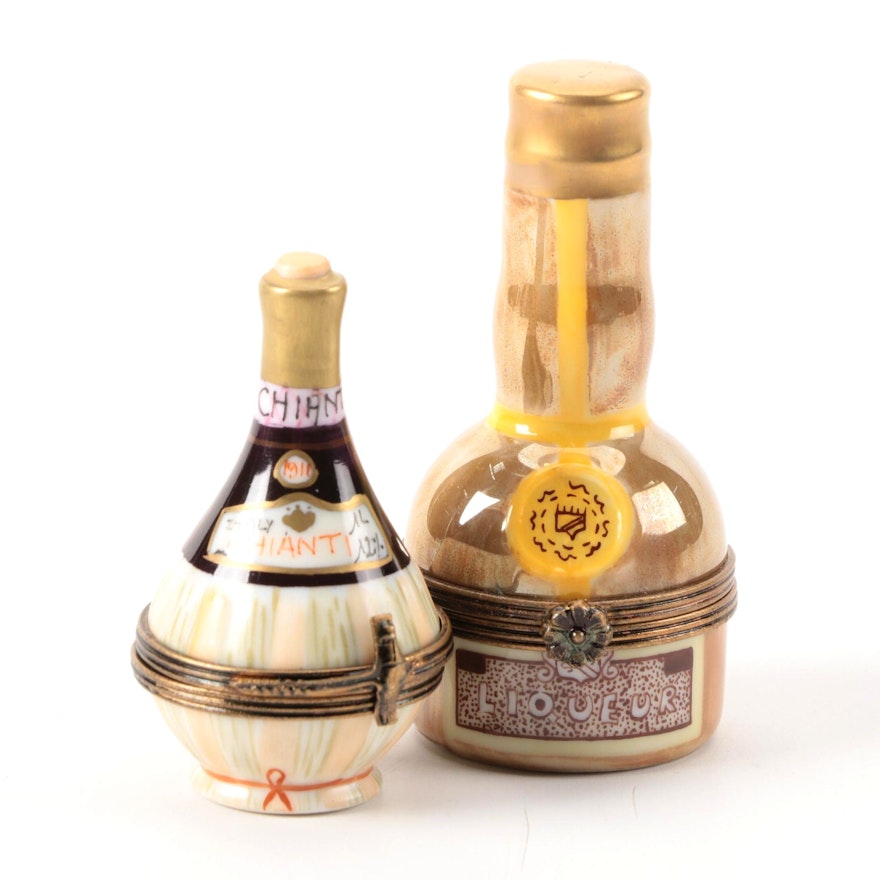 Hand-Painted Porcelain Chianti and Liqueur Bottle Limoges Boxes