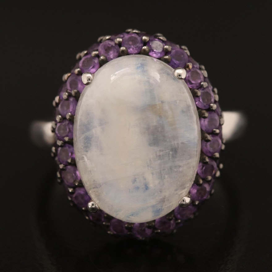 Sterling Rainbow Moonstone and Amethyst Ring