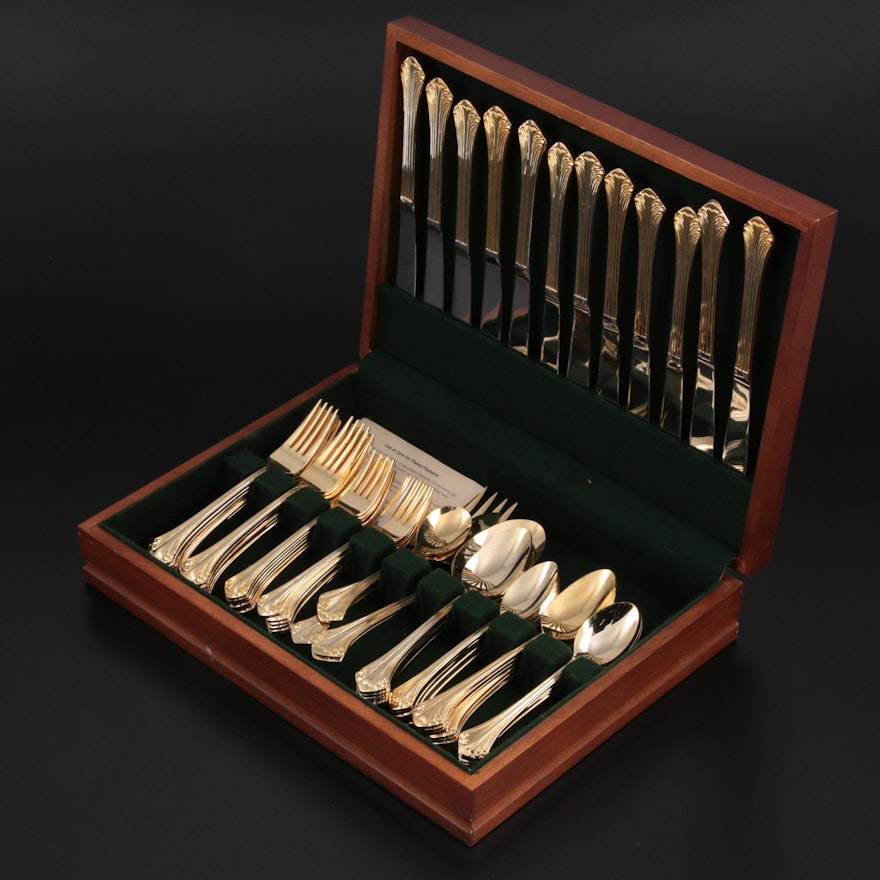 Royal Gallery "Gold Allegro" Gold Electroplated Flatware in Wooden Chest