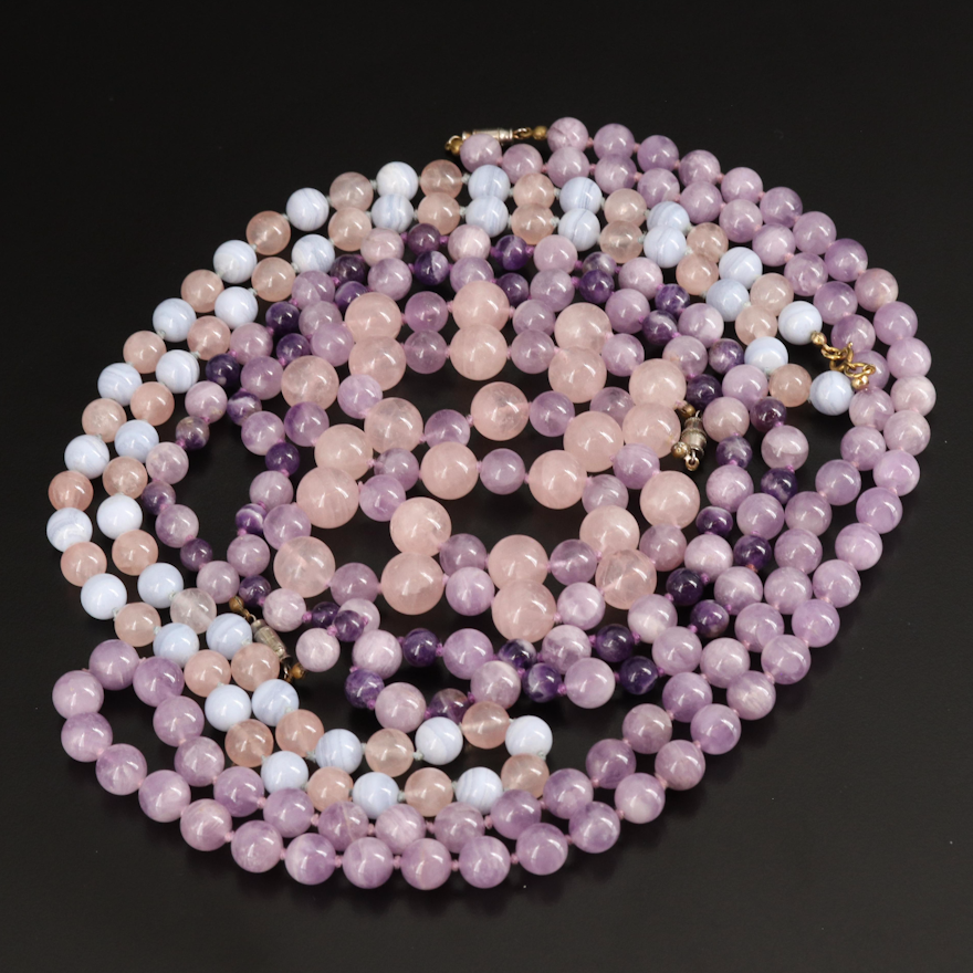 Amethyst, Rose Quartz and Lace Agate Necklaces