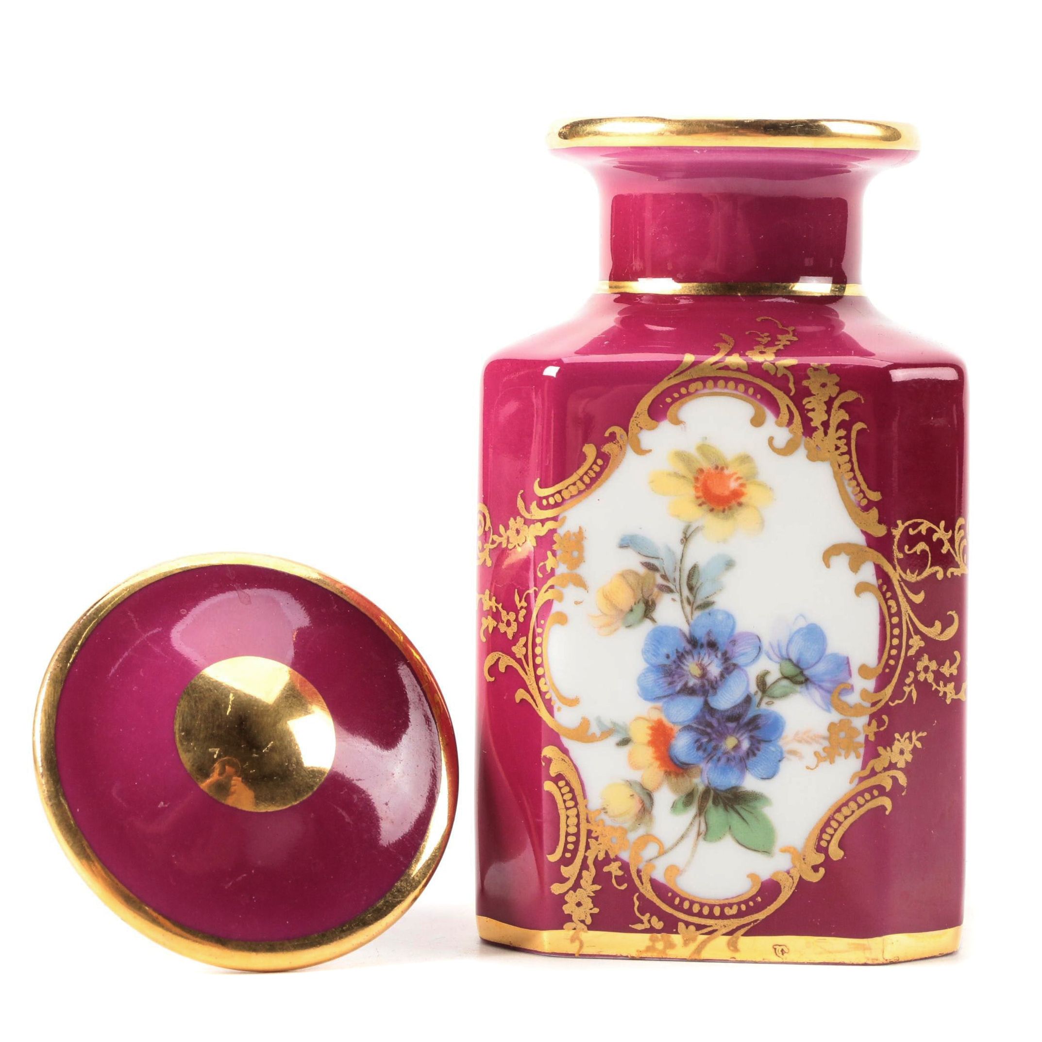 Castel Limoges Porcelain Bottle with Floral Cartouches, 1945–1967