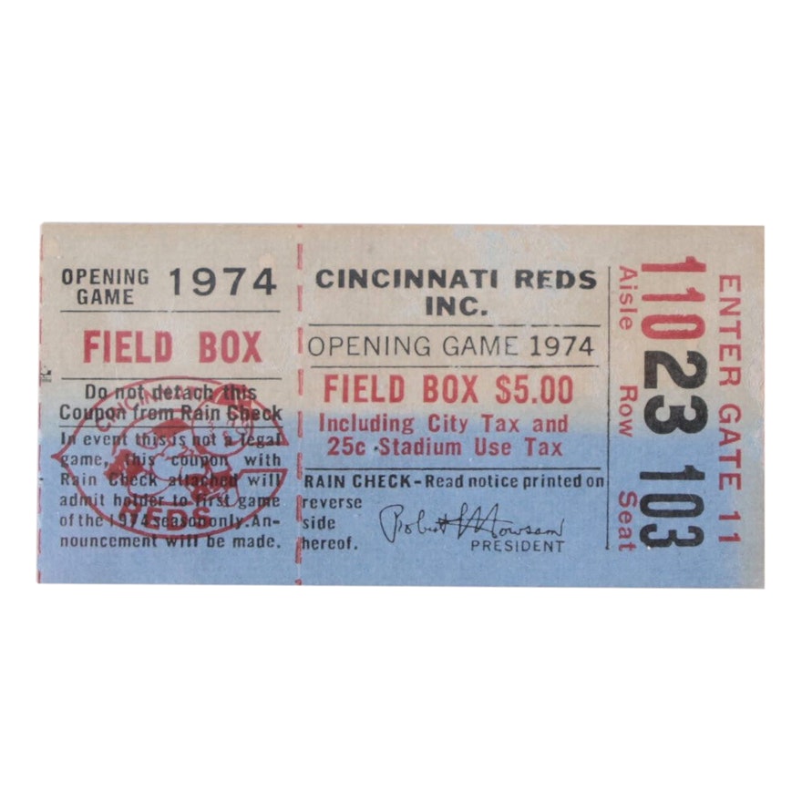 1974 Reds vs. Braves "Opening Day" Ticket Stub, "Aaron Ties Ruth," Riverfront