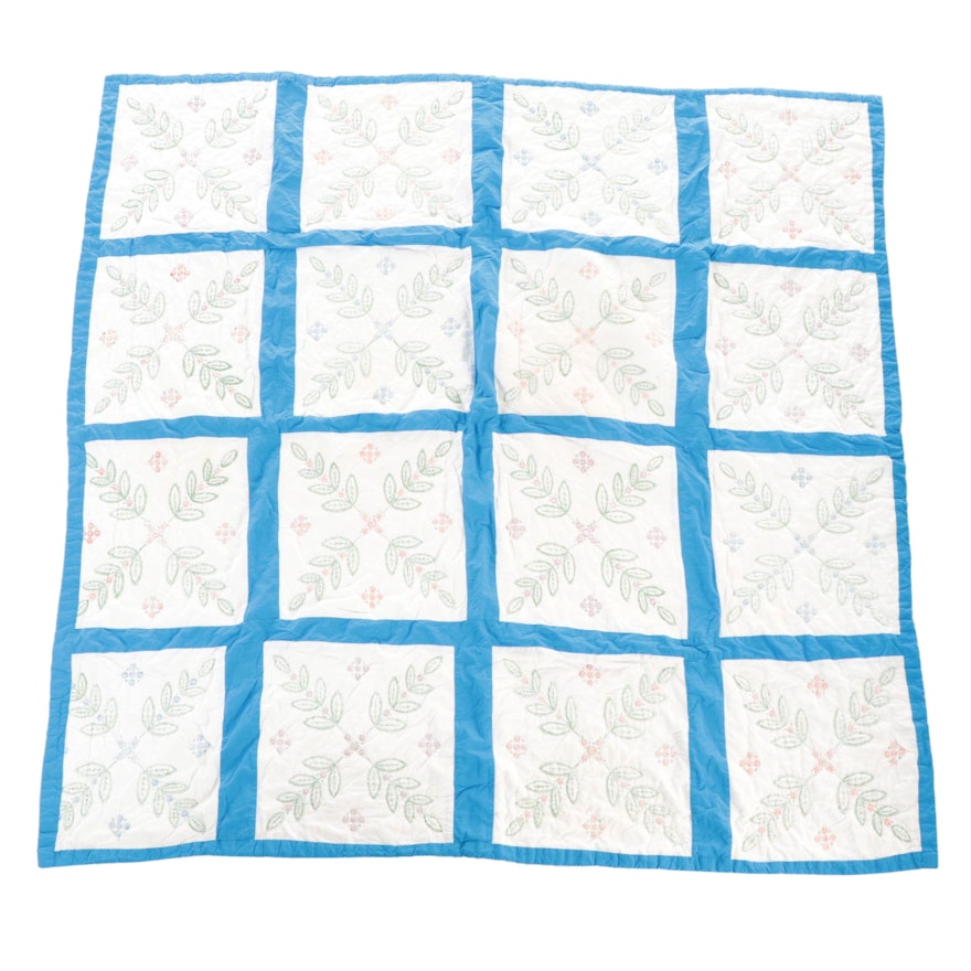 Handmade Printed and Pieced Floral Motif Quilt, 20th Century