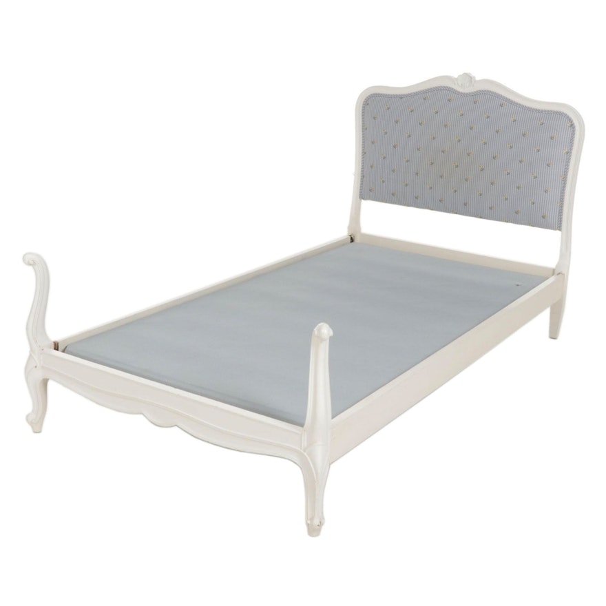 White-Painted French Provincial Twin Bed Frame with Upholstered Headboard