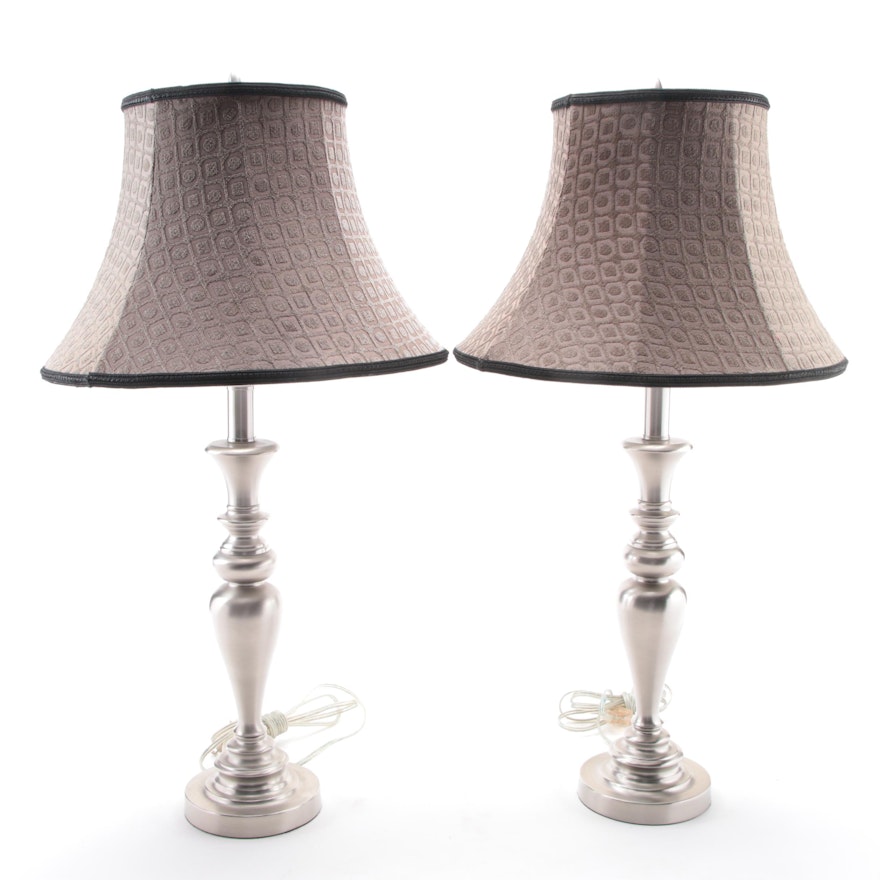 Contemporary Brushed Nickel Finish Metal Table Lamps with Fabric Shades