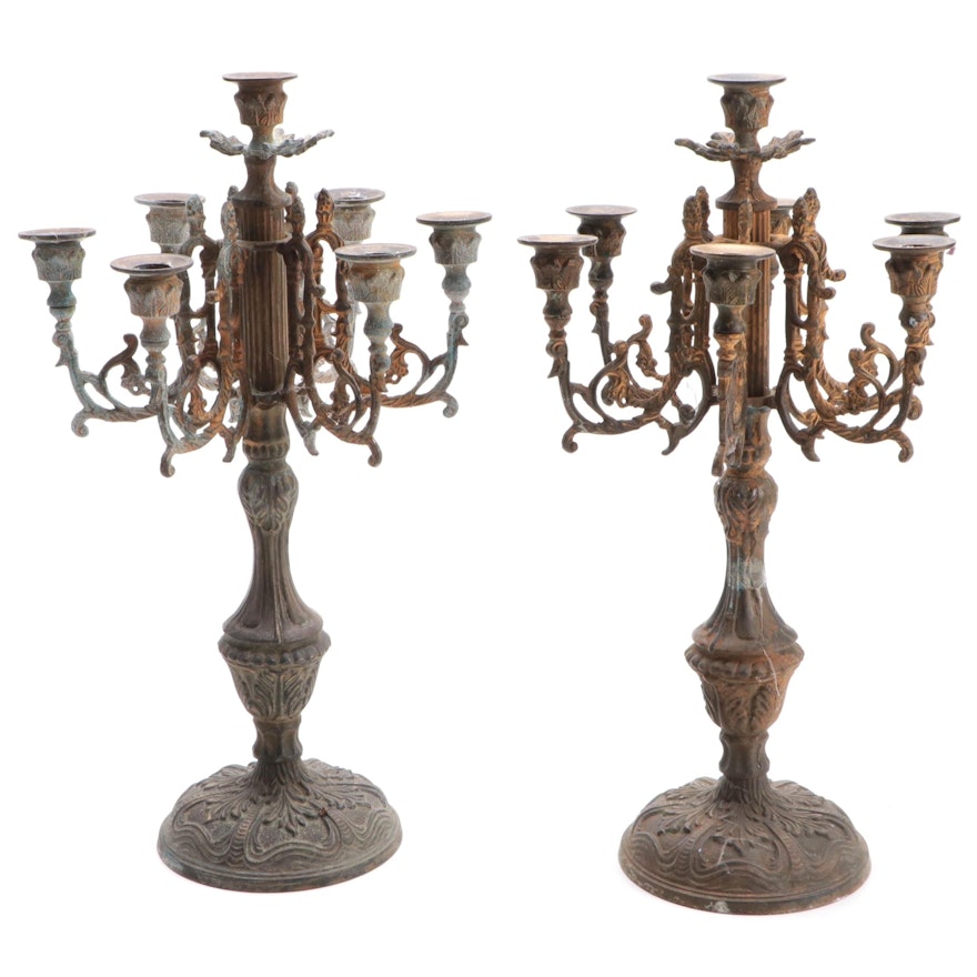 Pair of Baroque Style Painted Cast Metal Seven-Light Candelabra