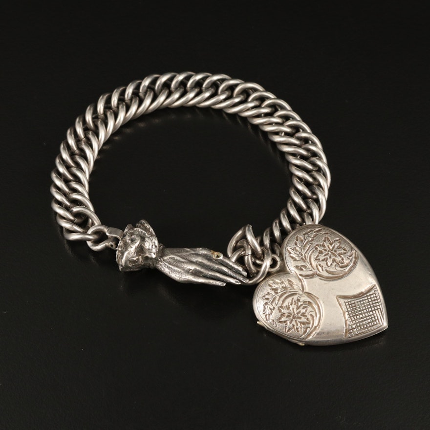 Victorian J.M. Fisher Sterling Heart Locket Bracelet