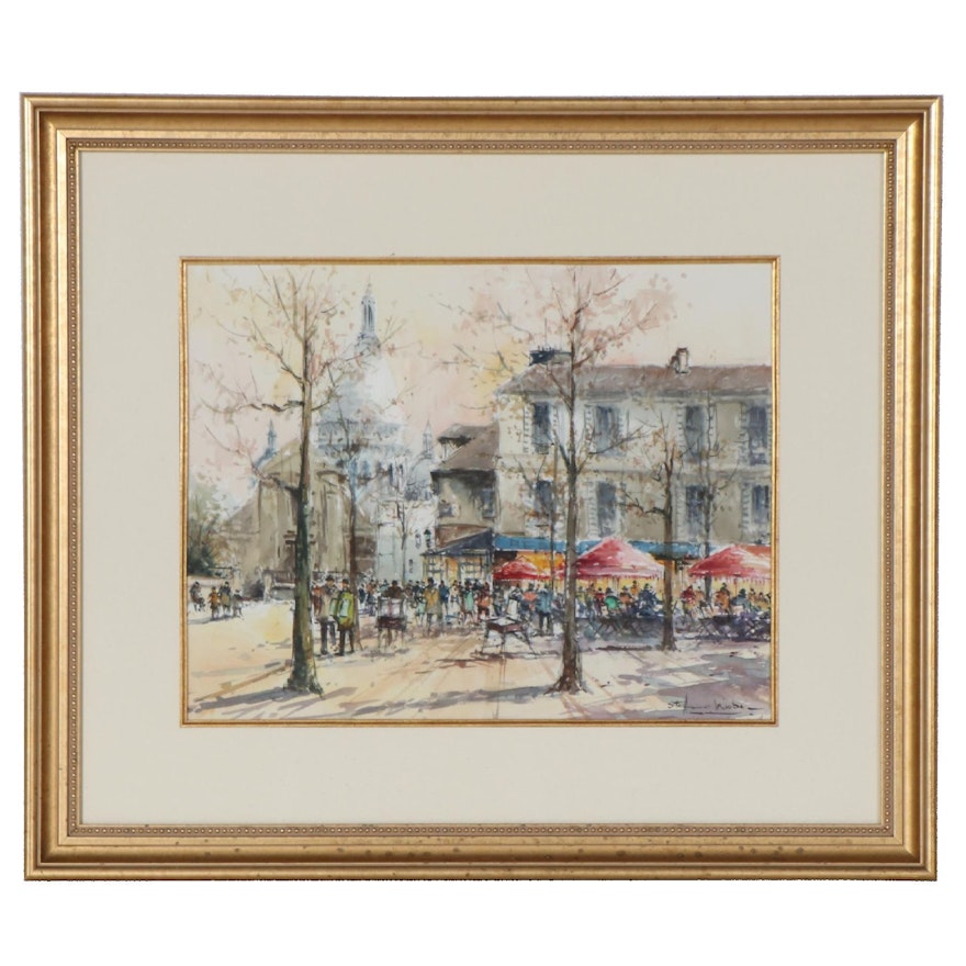 Plaza Scene Watercolor Painting, Late 20th Century