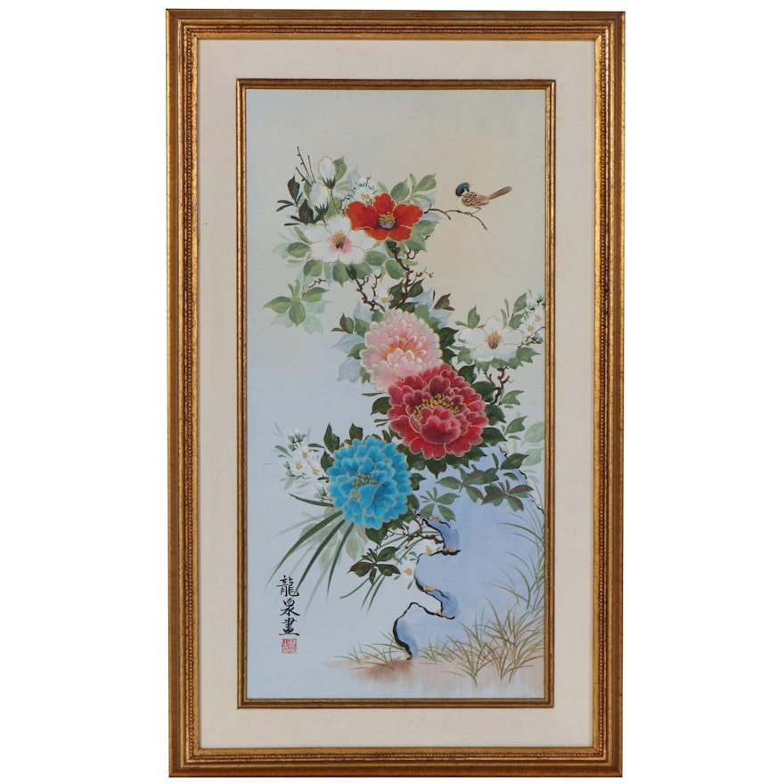 East Asian Acrylic Painting of Flowers with Bird, Late 20th Century