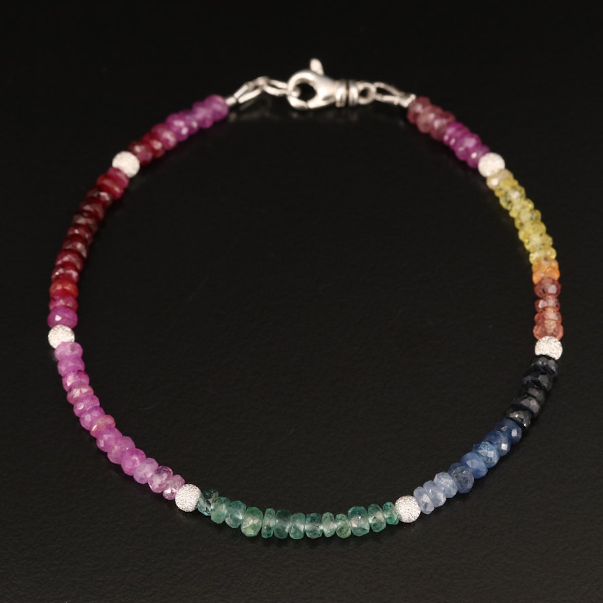 Sterling Ruby, Emerald and Sapphire Beaded Bracelet
