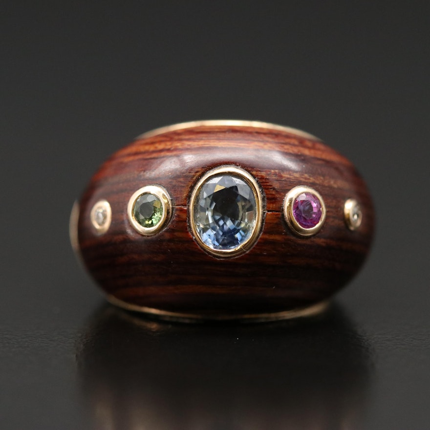 14K and Wood Bezel Set Sapphire and Diamond Ring