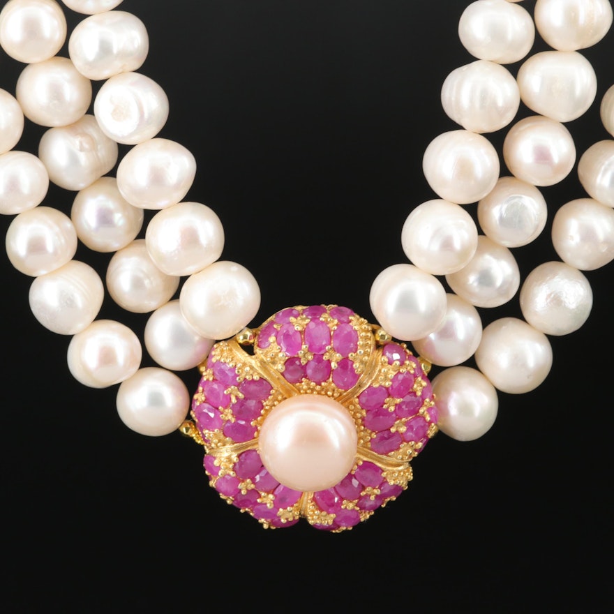 Pearl and Ruby Multi-Strand Floral Necklace