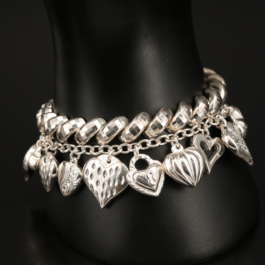 Italian San Marco Chain and Puff Heart Charm Bracelets