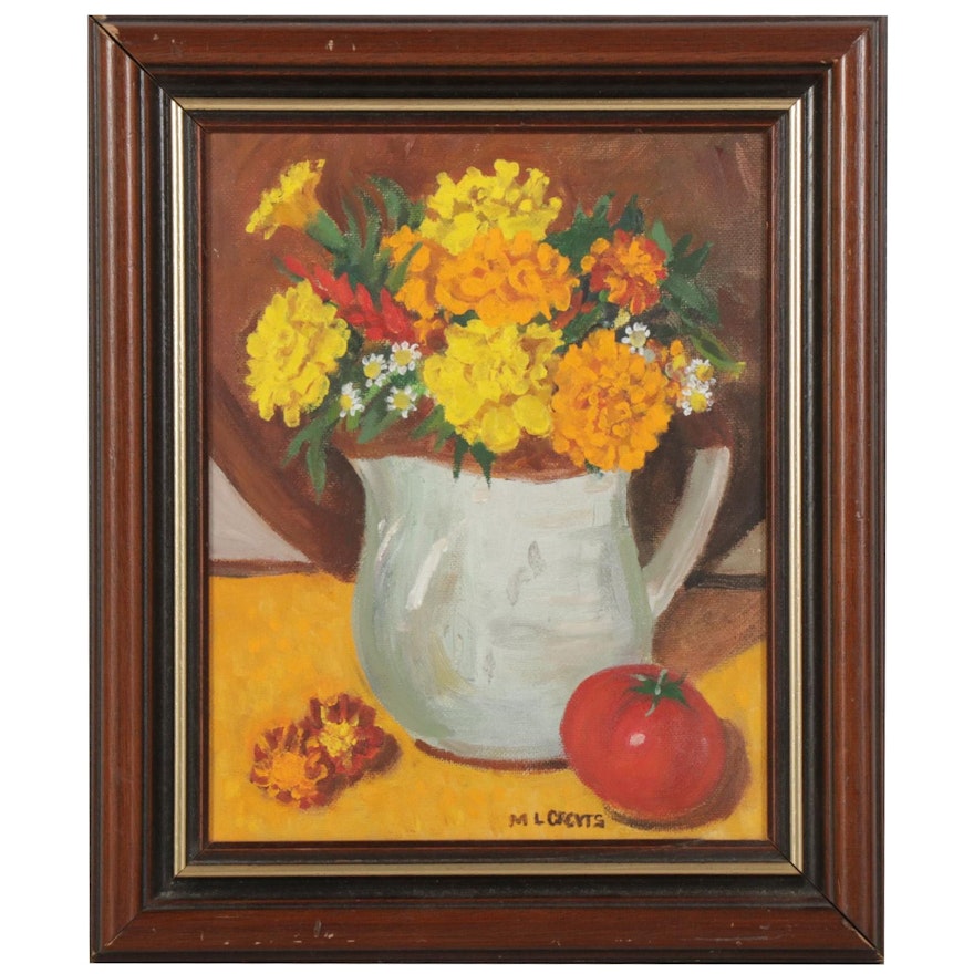 Flowers in Pitcher Still Life Oil Painting, Late 20th Century