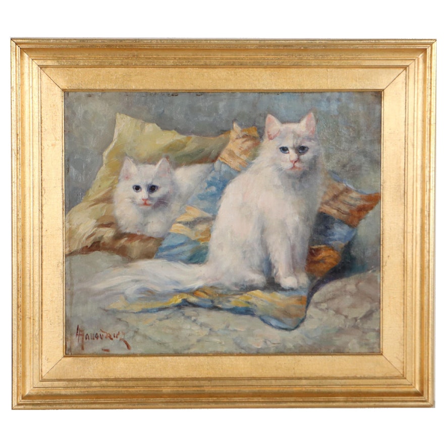 Oil Painting of Two White Cats on Pillows, Late 19th Century